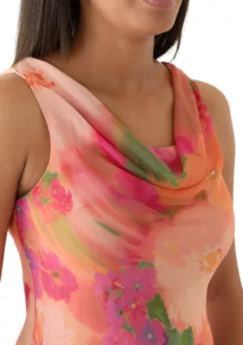 Petite Sleeveless Cowl Neck Floral Chiffon Midi Dress