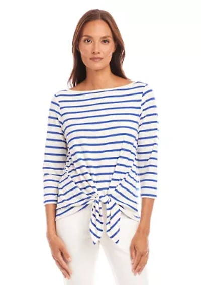 Petite Stripe Boat Neck Tie Front Top