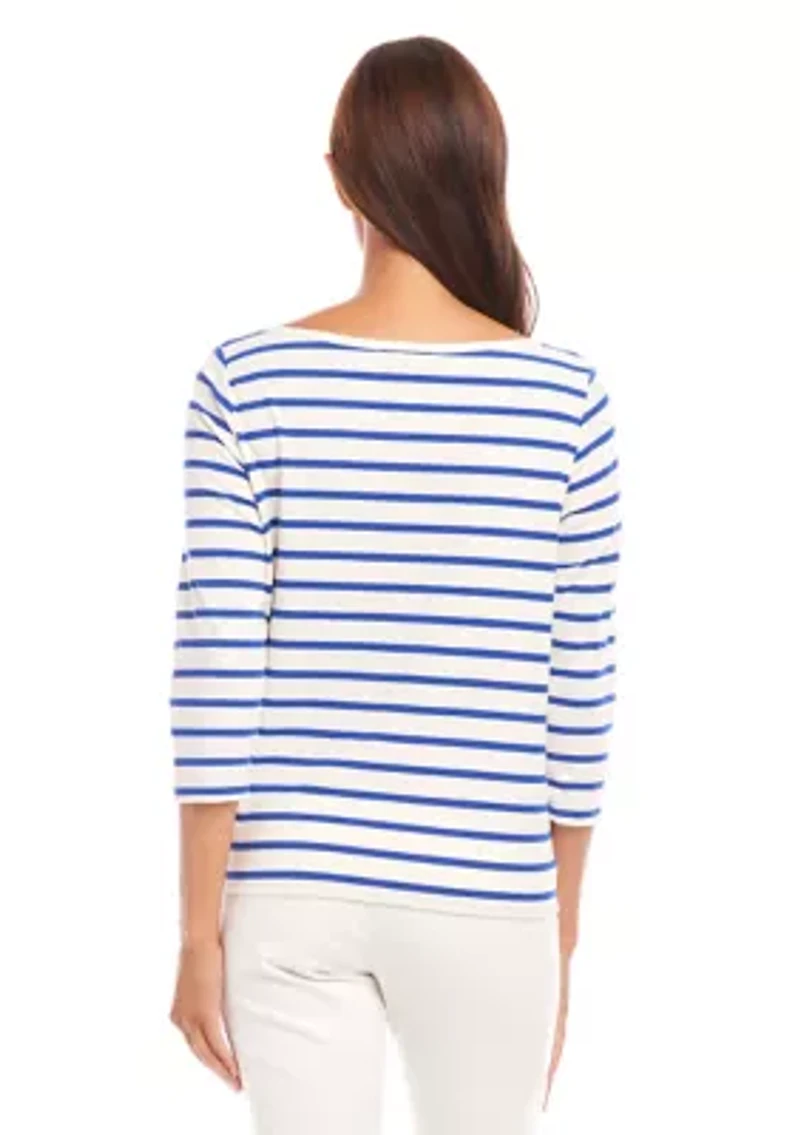 Petite Stripe Boat Neck Tie Front Top