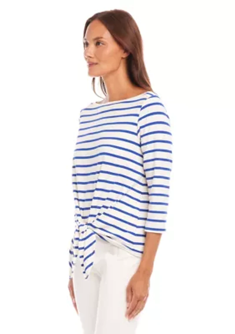 Petite Stripe Boat Neck Tie Front Top