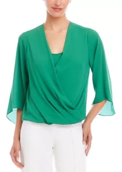 Petite Bracelet Sleeve Drape Front Crossover Top