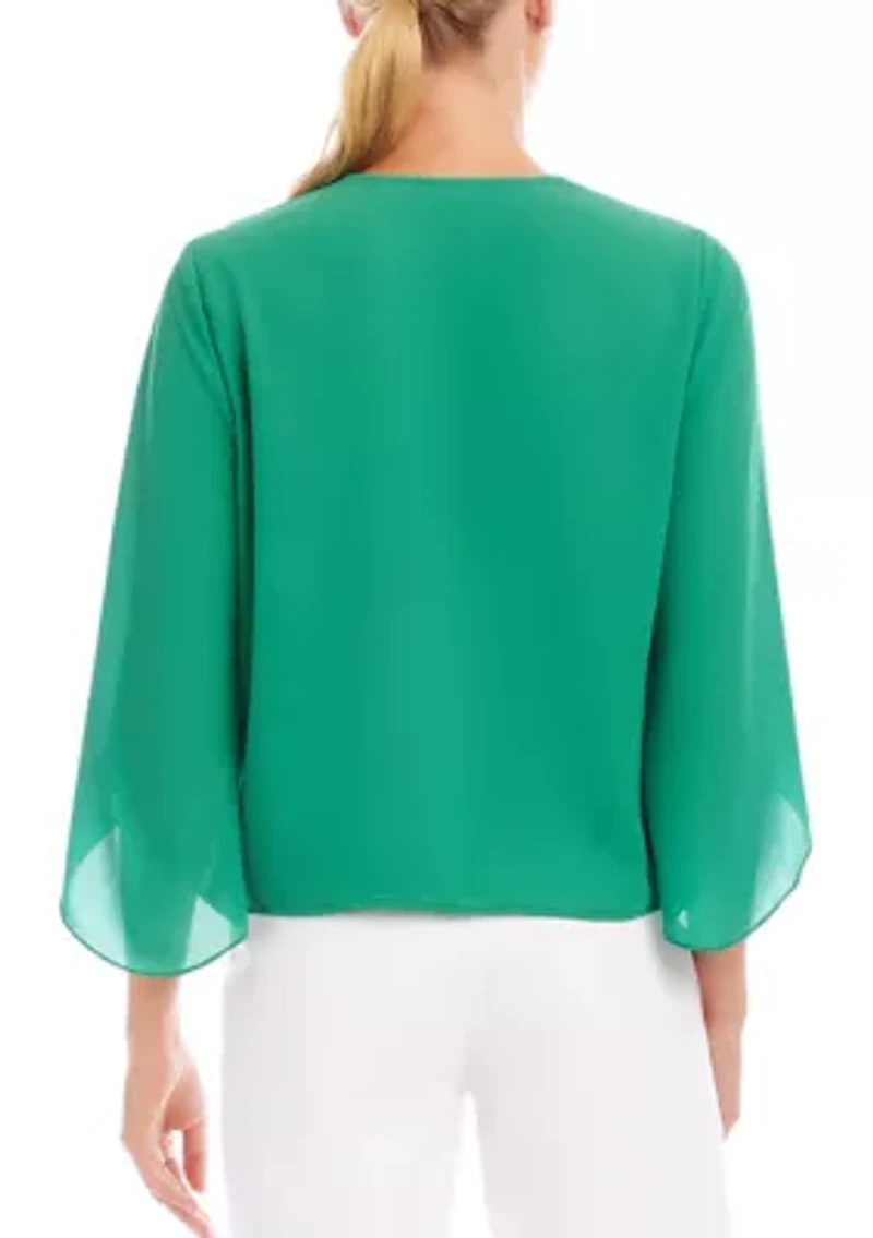 Petite Bracelet Sleeve Drape Front Crossover Top