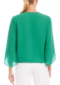 Petite Bracelet Sleeve Drape Front Crossover Top