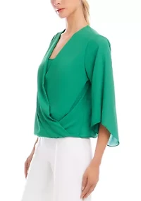 Petite Bracelet Sleeve Drape Front Crossover Top