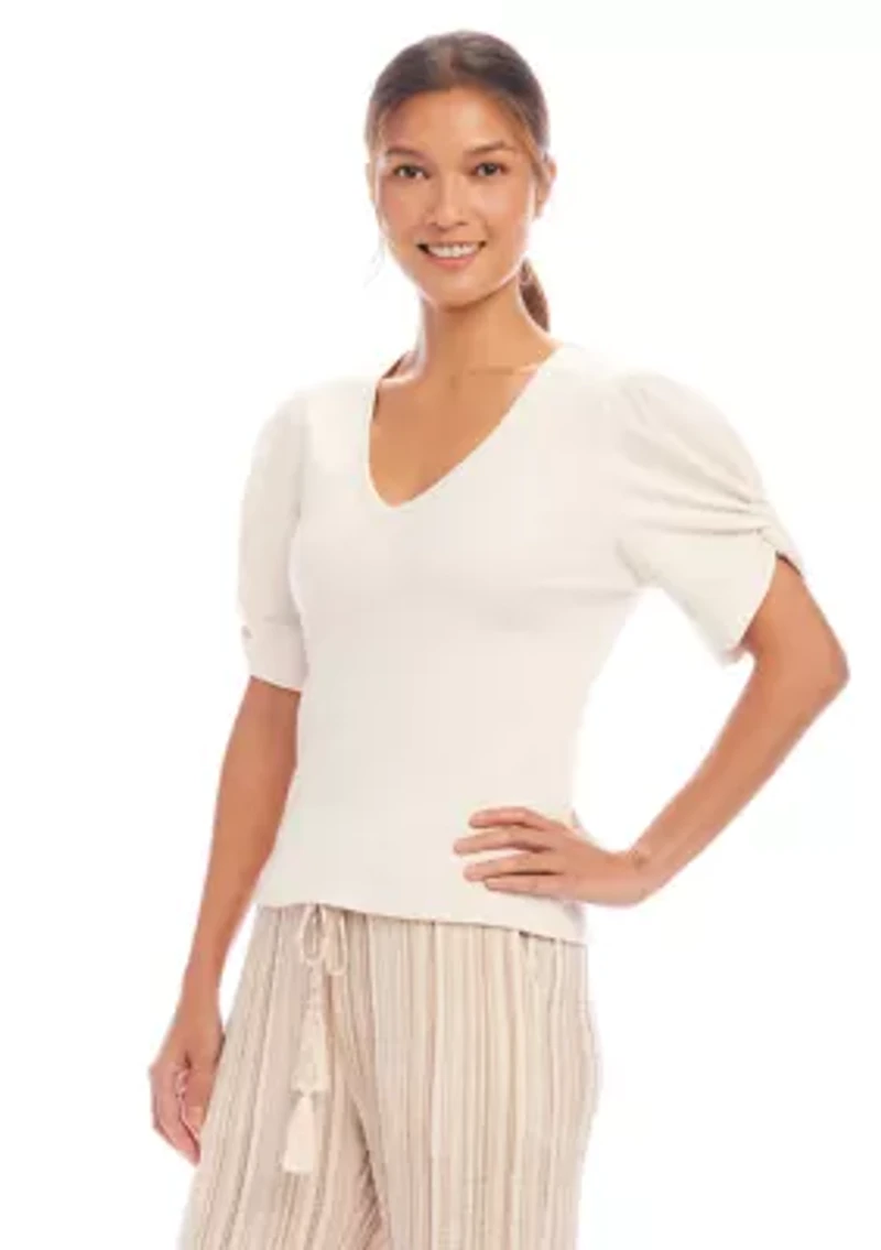 Petite Ribbed Twist Sleeve Top