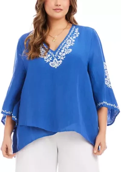 Plus Bracelet Sleeve Embroidered Asymmetric Top