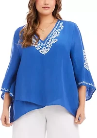 Plus Bracelet Sleeve Embroidered Asymmetric Top