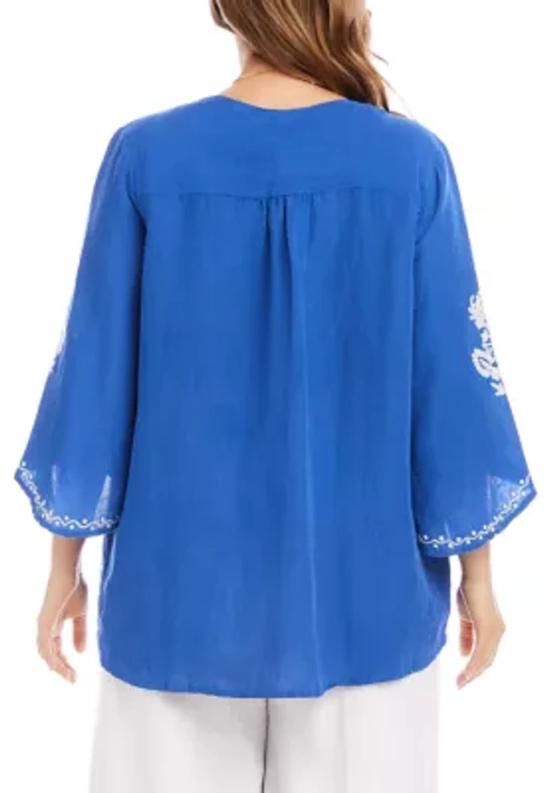Plus Bracelet Sleeve Embroidered Asymmetric Top