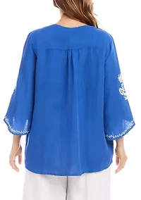 Plus Bracelet Sleeve Embroidered Asymmetric Top