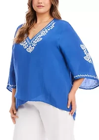 Plus Bracelet Sleeve Embroidered Asymmetric Top