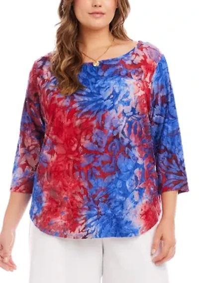 Plus 3/4 Sleeve Burnout Shirttail Top