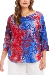 Plus 3/4 Sleeve Burnout Shirttail Top
