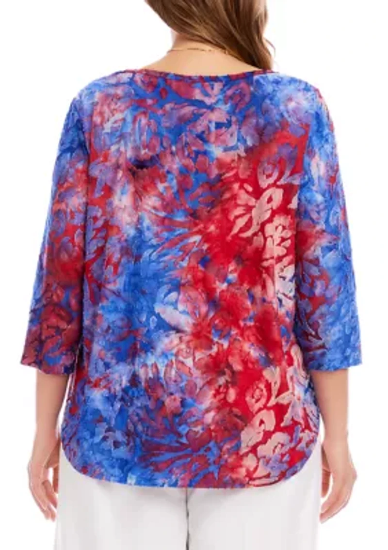 Plus 3/4 Sleeve Burnout Shirttail Top