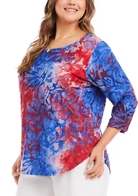 Plus 3/4 Sleeve Burnout Shirttail Top