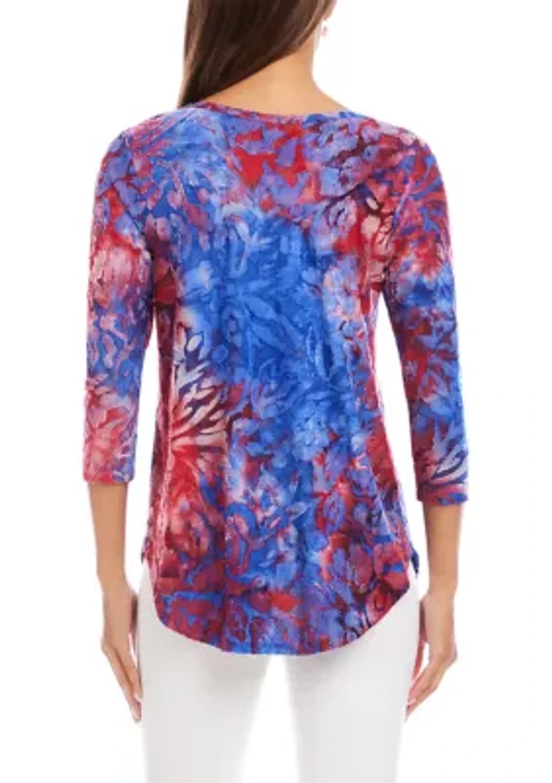 Petite Short Sleeve Burnout Shirttail Top