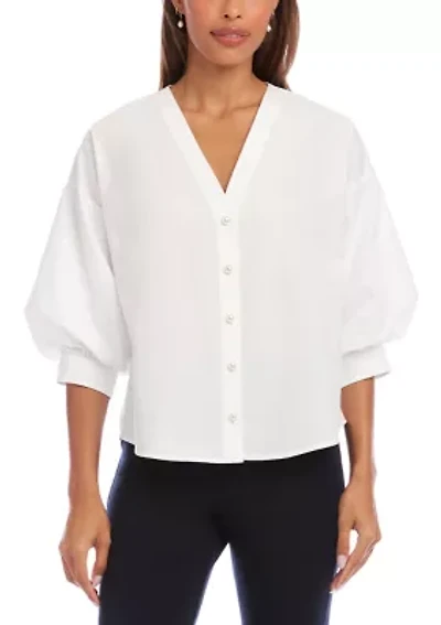 Petite Lantern Sleeve Pearl Button Top