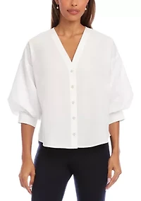 Petite Lantern Sleeve Pearl Button Top