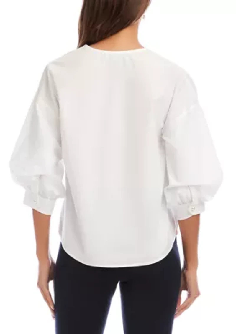 Petite Lantern Sleeve Pearl Button Top