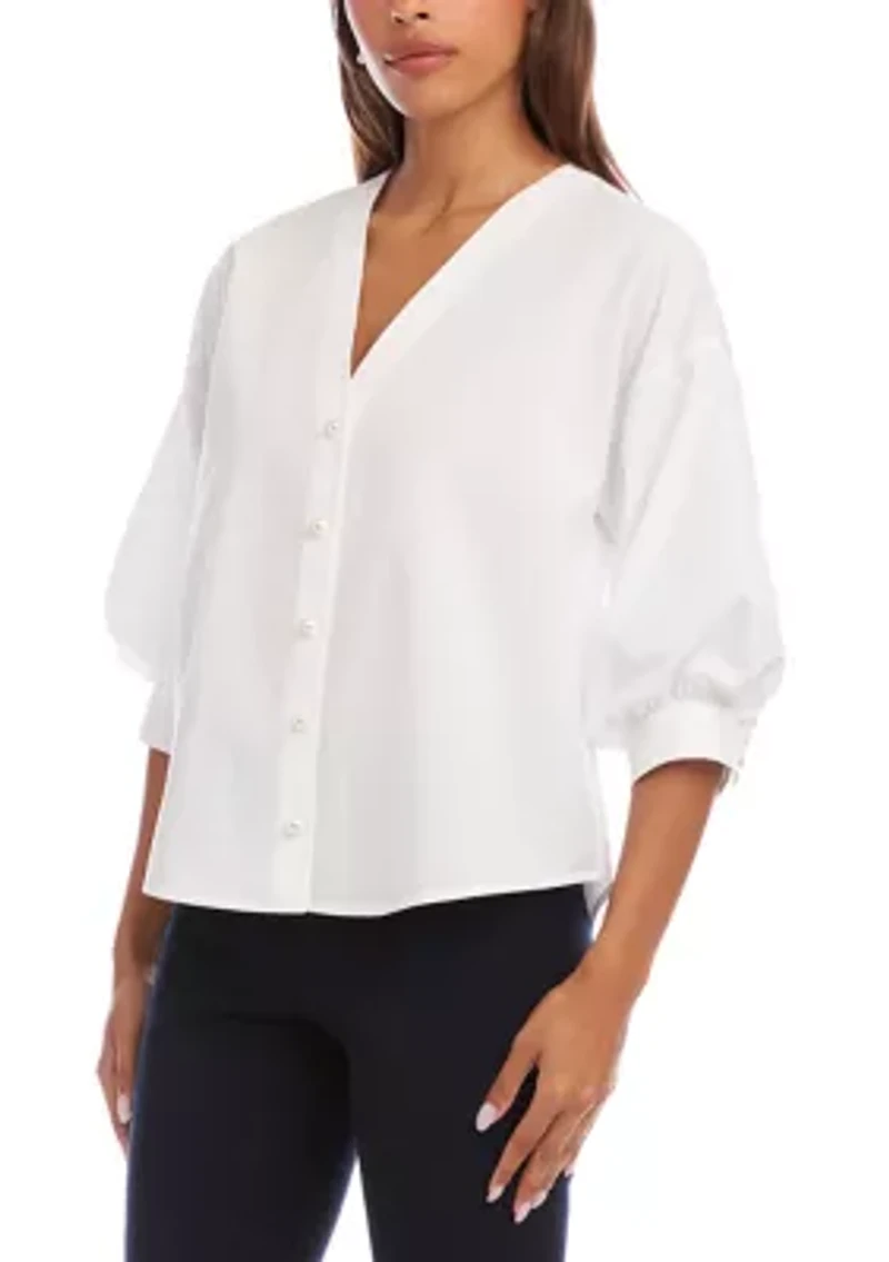 Petite Lantern Sleeve Pearl Button Top