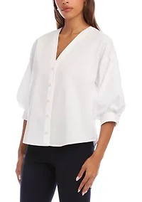 Petite Lantern Sleeve Pearl Button Top