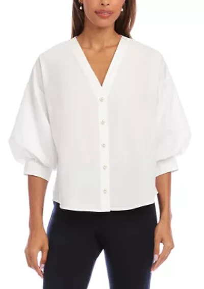 Women's Lantern Sleeve Pearl Button Top