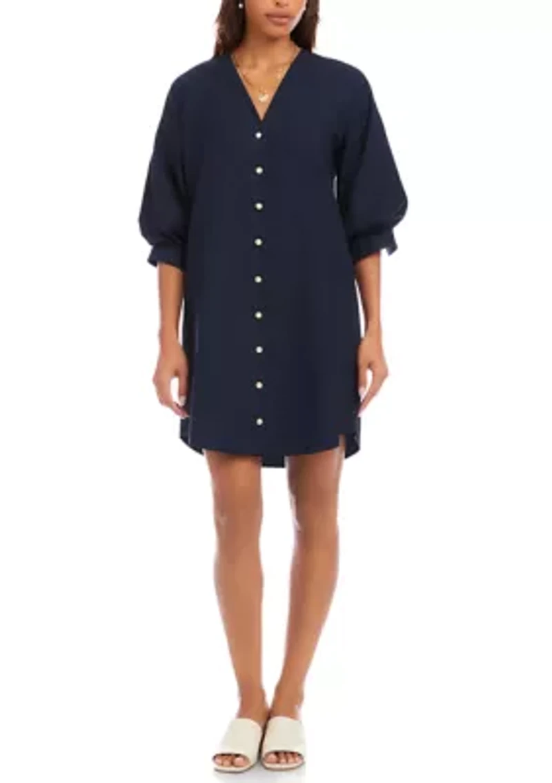 Women's Lantern Sleeve Pearl Button Dress