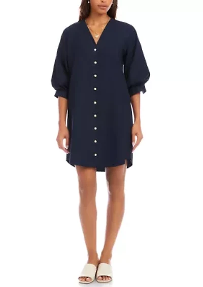Women's Lantern Sleeve Pearl Button Dress