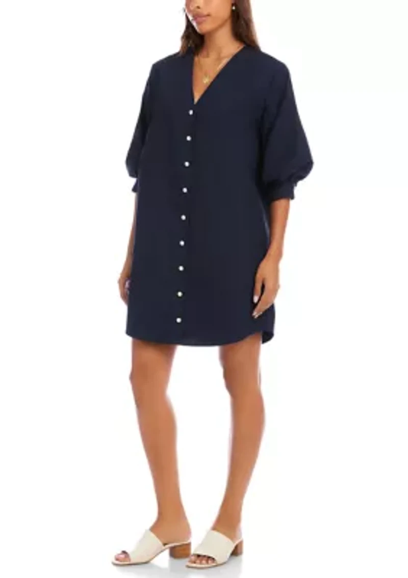 Women's Lantern Sleeve Pearl Button Dress