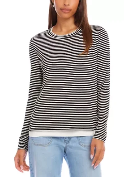Petite Long Sleeve Stripe Double Layer Side-Slit Top