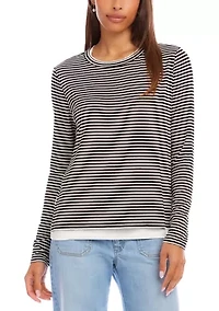 Petite Long Sleeve Stripe Double Layer Side-Slit Top