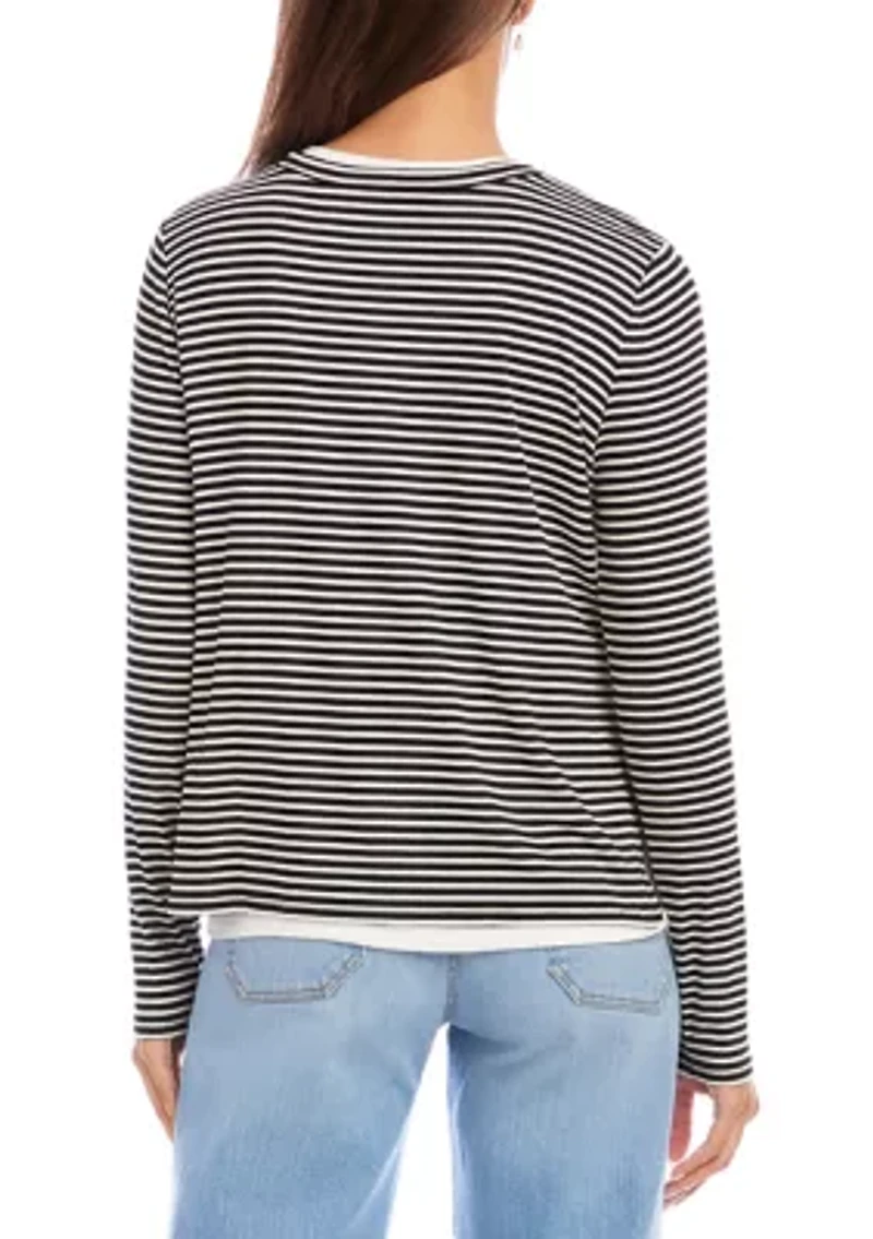 Petite Long Sleeve Stripe Double Layer Side-Slit Top