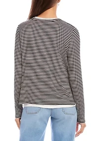 Petite Long Sleeve Stripe Double Layer Side-Slit Top