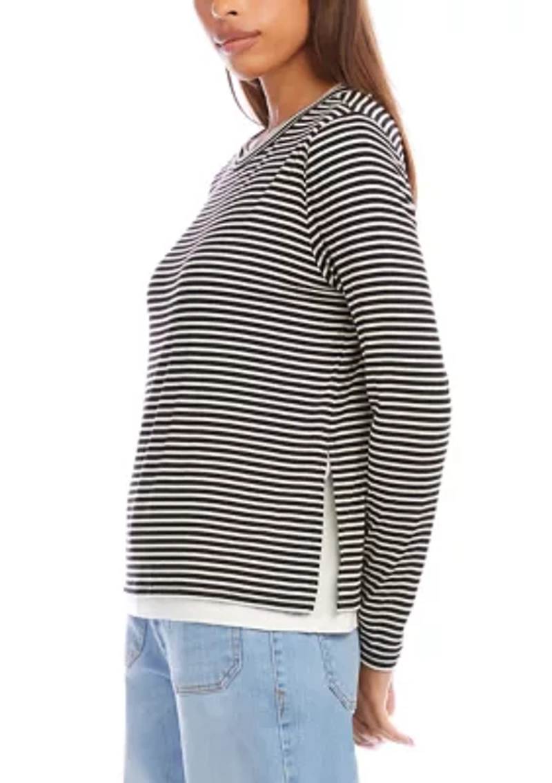 Petite Long Sleeve Stripe Double Layer Side-Slit Top