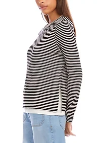 Petite Long Sleeve Stripe Double Layer Side-Slit Top