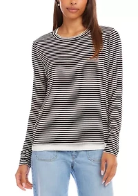 Women's Long Sleeve Stripe Double Layer Side-Slit Top