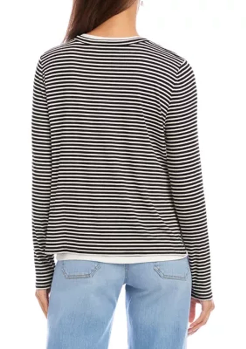 Women's Long Sleeve Stripe Double Layer Side-Slit Top