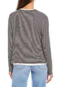 Women's Long Sleeve Stripe Double Layer Side-Slit Top