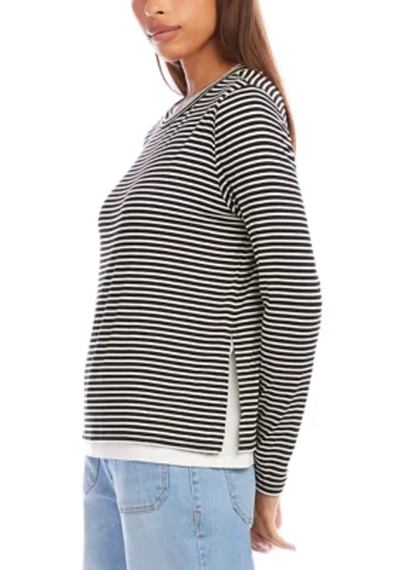 Women's Long Sleeve Stripe Double Layer Side-Slit Top