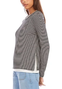 Women's Long Sleeve Stripe Double Layer Side-Slit Top