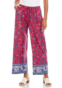 Women's Drawstring Border Print Cropped Pants