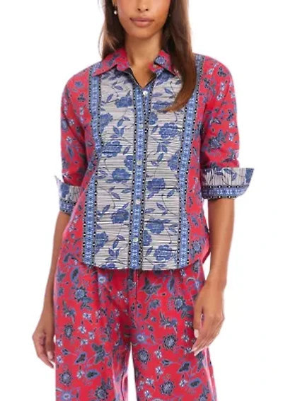Petite Ruched Sleeve Border Print Shirt