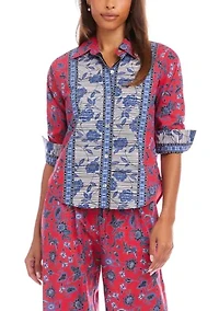 Petite Ruched Sleeve Border Print Shirt