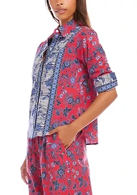 Petite Ruched Sleeve Border Print Shirt