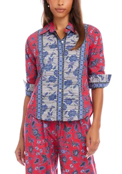 Women's Ruched Sleeve Border Print Shirt