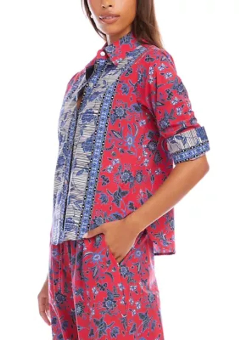 Women's Ruched Sleeve Border Print Shirt