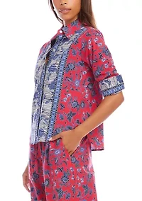Women's Ruched Sleeve Border Print Shirt