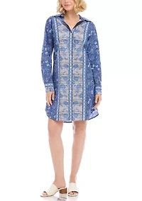 Women's Long Sleeve Border Print Shirtdress