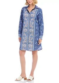 Women's Long Sleeve Border Print Shirtdress