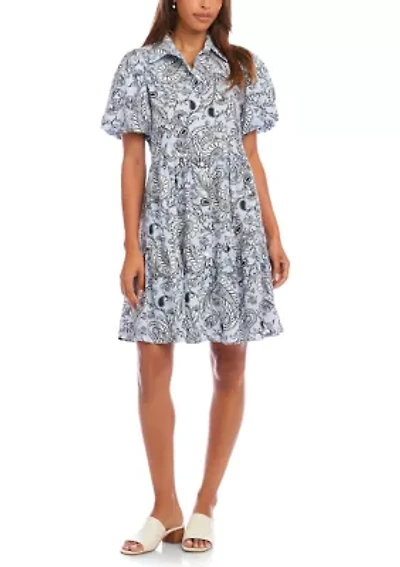 Petite Puff Sleeve Tiered Shirtdress