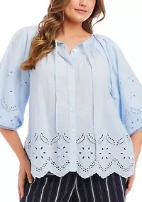 Plus Puff Sleeve Embroidered Top